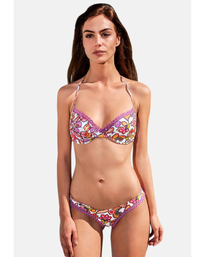 Maillot de bain string bikini brésilien violet blanc Scilly